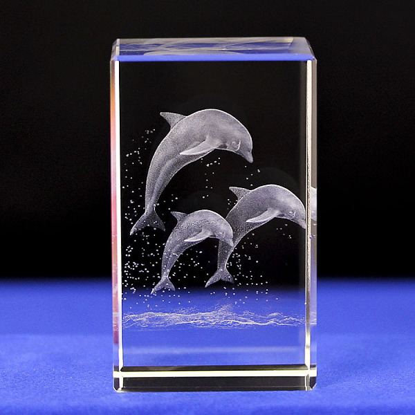 PandaHall 3D Laser Engraving Animal Glass Figurine, for Home Office Desktop Ornaments, Cuboid, Dolphin, 39.5x39.5x59.5mm Glass Dolphin Clear
