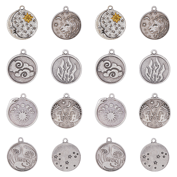 

PandaHall DICOSMETIC 32Pcs 8 Style Tibetan Style Alloy Pendants, Flat Round with Mixed Pattern Charms, Thai Sterling Silver Plated...