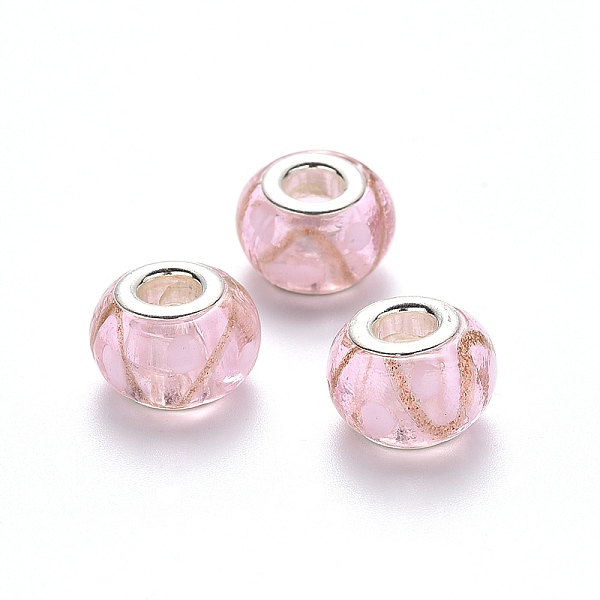 

PandaHall Handmade Lampwork European Beads, Large Hole Rondelle Beads, with Glitter Powder and Platinum Tone Brass Double Cores, Goldenrod..., Gold