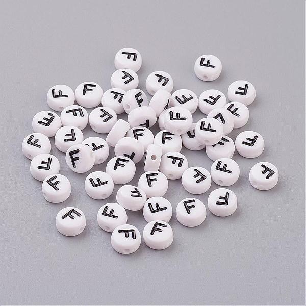 PandaHall Flat Round with Letter F Acrylic Beads, with Horizontal Hole, White & Black, Size: about 7mm in diameter, 4mm thick, hole: 1mm...