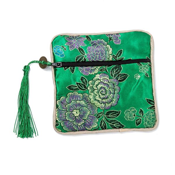 PandaHall Chinese Brocade Tassel Zipper Jewelry Bag Gift Pouch, Square with Flower Pattern, Green, 11.5~11.8x11.5~11.8x0.4~0.5cm Cloth...