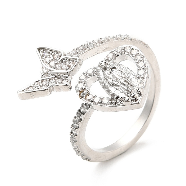 

PandaHall Clear Cubic Zirconia Heart Virgin Mary with Butterfly Open Cuff Ring, Rack Plating Brass Wide Ring for Women, Cadmium Free & Lead...