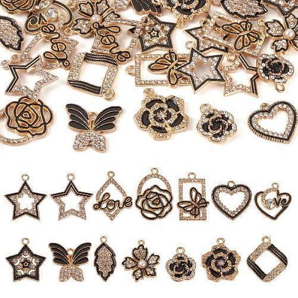 

PandaHall 28Pcs 14 Styles Alloy Enamel Pendants, with Crystal Rhinestone, Rhombus & Star & Leaf & Butterfly & Heart Charms, Light Gold..., Black