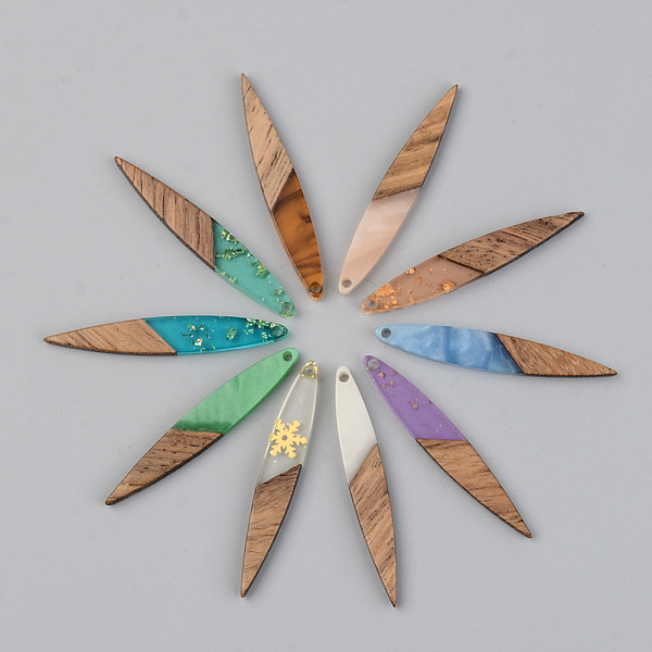 

PandaHall Resin & Walnut Wood Pendants, Leaf, Mixed Color, 43x7x3mm, Hole: 1.6mm Resin+Wood Leaf Multicolor