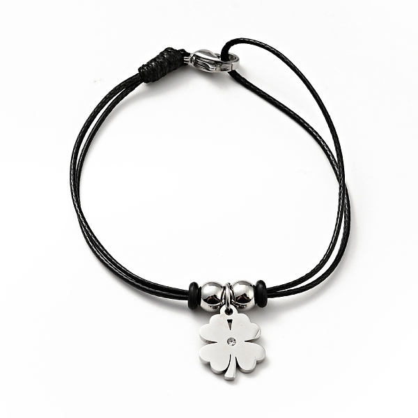 

PandaHall 304 Stainless Steel Clover Charm Bracelet with Waxed Cord for Women, Stainless Steel Color, 7 inch(17.8cm) Waxed Cord Black