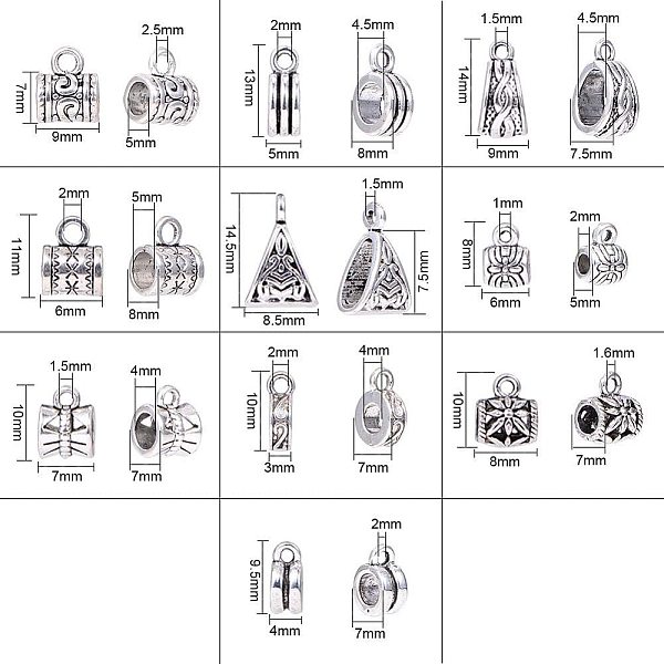 

PandaHall Tibetan Style Alloy Tube Bails, Loop Bails, Mixed Shapes, Antique Silver, Boxes: 13.5x7x3cm, 120pcs/box Alloy Mixed Shapes