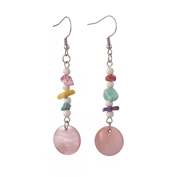 

PandaHall Natural Shell Flat Round & Dyed Synthetic Turquoise Chips Beaded Dangle Earrings, 304 Stainless Steel Long Drop Earrings for Women...