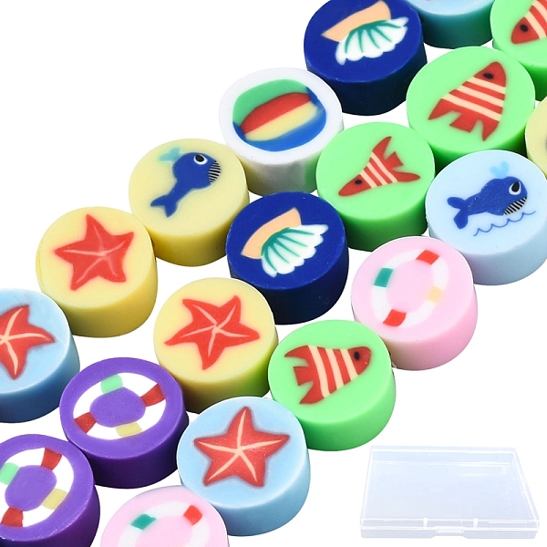 PandaHall SUNNYCLUE 5 Strands Handmade Polymer Clay Beads, Flat Round with Ocean Themed Pattern, Mixed Color, 9.5x5mm, Hole: 1.6mm, about...