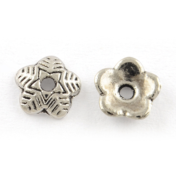 

PandaHall 5-Petal Tibetan Style Alloy Bead Caps, Cadmium Free & Lead Free, Flower, Antique Silver, 6x1.5mm, Hole: 1mm, about 8333pcs/1000g...
