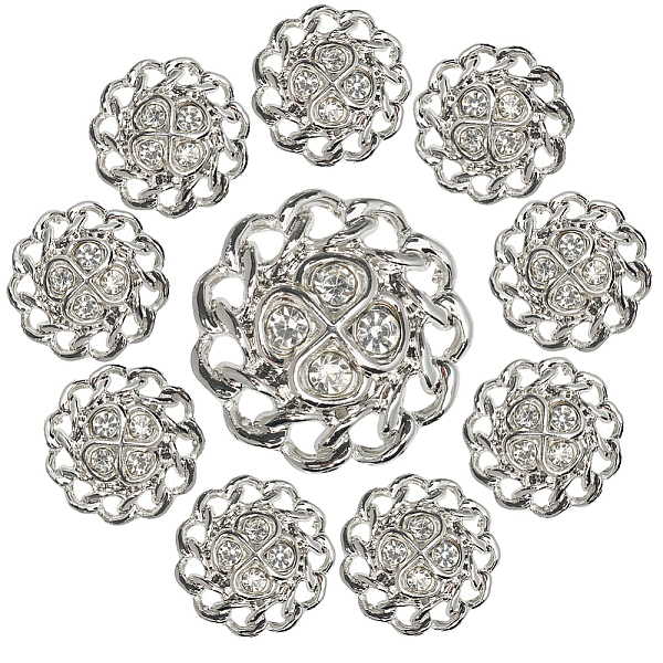 

PandaHall Gorgecraft 10Pcs Alloy Rhinestone Shank Buttons, 1-Hole, Flower, Silver, 22.5x5.5~10mm, Hole: 2mm Alloy Flower Clear