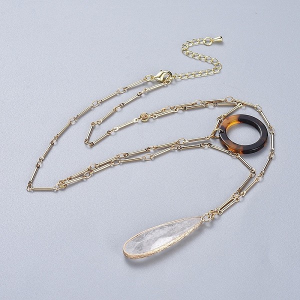 

PandaHall Natural Quartz Crystal Tiered Necklaces, with Cellulose Acetate(Resin) Ring Pendants and Brass Findings, Real 18K Gold Plated...