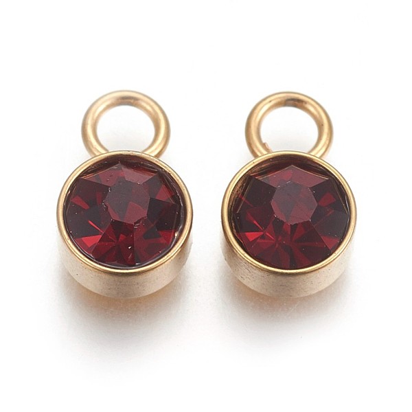

PandaHall Glass Rhinestone Charms, January Birthstone Charms, with Golden Tone 201 Stainless Steel Findings, Flat Round, Siam, 10x6x4mm..., Red