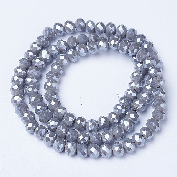 

PandaHall Electroplate Glass Beads Strands, Pearl Luster Plated, Faceted, Rondelle, Gray, 6x5mm, Hole: 1mm, about 87~90pcs/strand, 17~17.5...