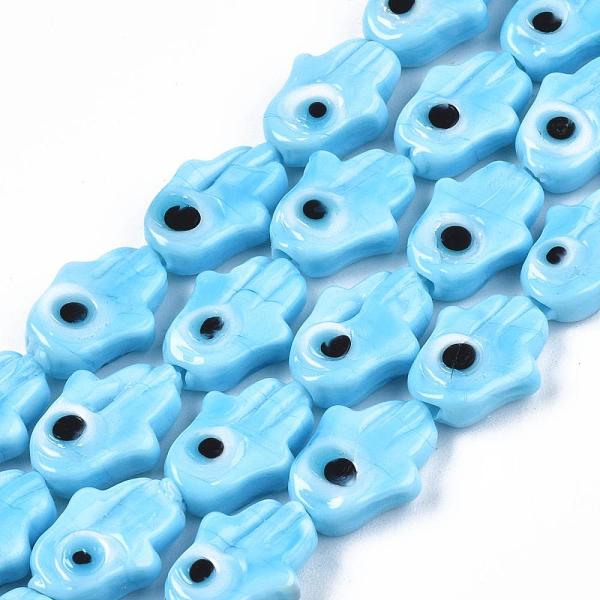 

PandaHall Handmade Evil Eye Lampwork Beads Strands, Hamsa Hand, Deep Sky Blue, 14x10x4mm, Hole: 1mm, about 28pcs/strand, 14.65~14.96 inch...