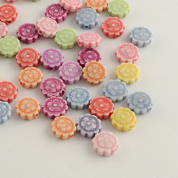 

PandaHall Craft Style Acrylic Beads, Flat Round with Flower, Mixed Color, 10x3mm, Hole: 1.6mm, about 2400pcs/500g Acrylic Flower Multicolor