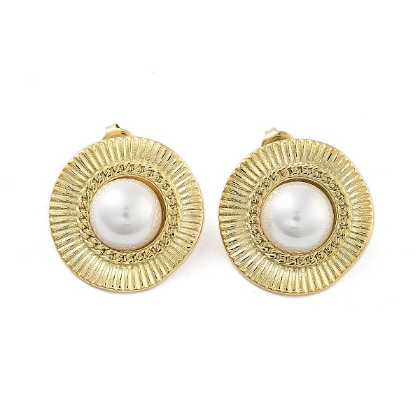 

PandaHall Flat Round Real 14K Gold Plated 304 Stainless Steel Stud Earrings, with Natural Shell, WhiteSmoke, 26x25.5mm 304 Stainless Steel..., White