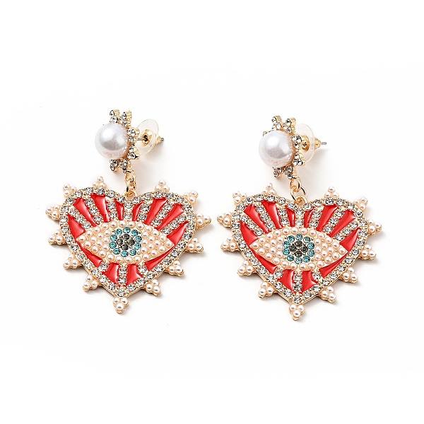 

PandaHall Crystal Rhinestone Heart with Evil Eye Dangle Stud Earrings with Enamel, Light Gold Plated Alloy Long Drop Earrings for Women, Red...