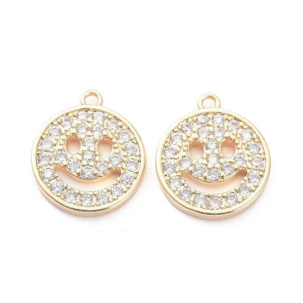 

PandaHall Brass Micro Pave Clear Cubic Zirconia Charms Pendants, Long-Lasting Plated, Flat Round with Smiling Face, Real 14K Gold Plated...