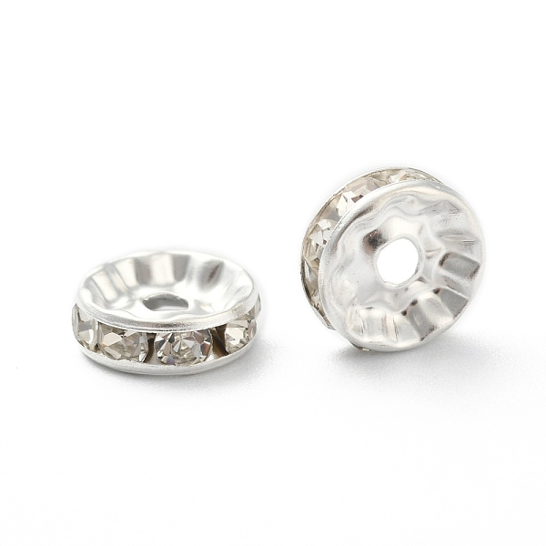 

PandaHall Iron Rhinestone Spacer Beads, Grade A, Straight Edge, Rondelle, Silver Color Plated, Clear, Size: about 10mm in diameter, 4mm...