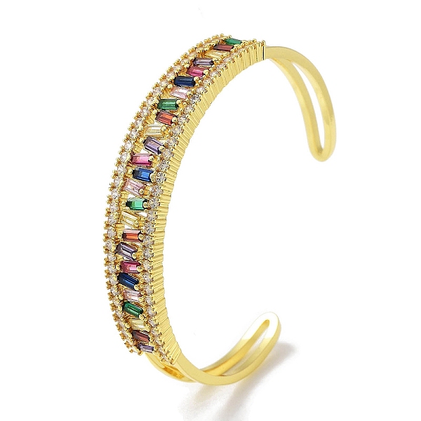 

PandaHall Brass Micro Pave Clear Cubic Zirconia Cuff Bangles, Colorful Glass Bangles for Women, Real 18K Gold Plated, Rectangle, Inner...