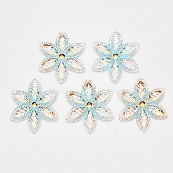 

PandaHall Transparent Acrylic Links connectors, with Plated Bottom, Flower, Light Sky Blue, 46x40.5x4mm, Hole: 1mm Acrylic Flower Blue