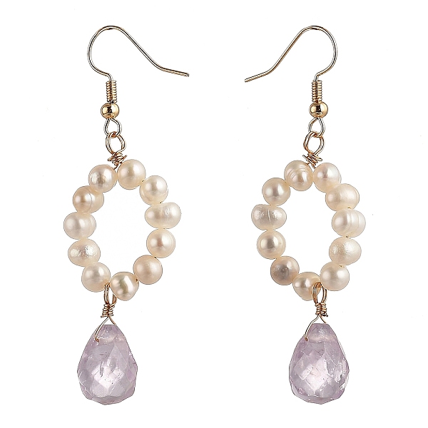 

PandaHall Dangle Earrings, with Natural Pearl Beads, teardrop, Natural Amethyst Charms and Brass Earring Hooks, 61mm, Pin: 0.7mm Amethyst