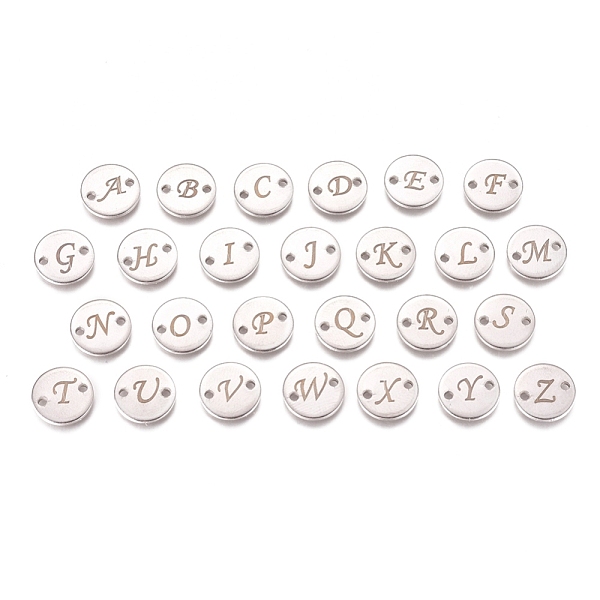 

PandaHall 304 Stainless Steel Links, Flat Round with Initial Letter, Stainless Steel Color, 10x1mm, Hole: 1.2mm, 26pcs/set 304 Stainless...