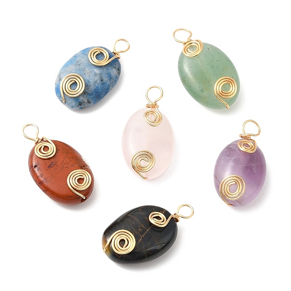 

PandaHall 6Pcs Natural Mixed Gemstone Copper Wire Wrapped Pendents, Oval Charms, Light Gold, 17.5~18x10x4~5mm, Hole: 2mm Mixed Stone Oval