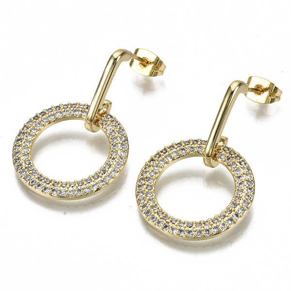 

PandaHall Brass Micro Pave Clear Cubic Zirconia Dangle Stud Earrings, with Earring Backs, Nickel Free, Ring, Real 16K Gold Plated, 31.5mm...