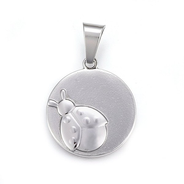 PandaHall 304 Stainless Steel Pendants, Flat Round with Ladybug, Stainless Steel Color, 28x25x3mm, Hole: 10x5mm 304 Stainless Steel Flat