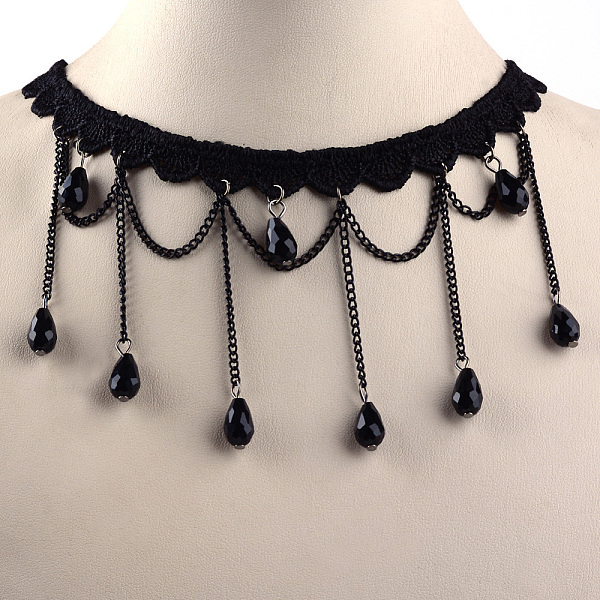

PandaHall Gothic Style Vintage Lace Choker Necklaces, with Iron Chains, Glass Beads, Black, 12.9 inch Cloth Black