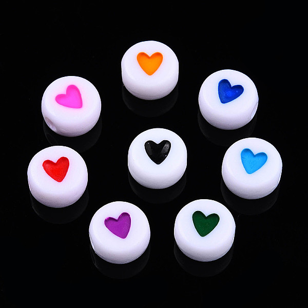 

PandaHall Opaque Acrylic Beads, with Enamel, Flat Round with Heart, Mixed Color, 7x3.5mm, Hole: 1.2mm Acrylic Flat Round Multicolor