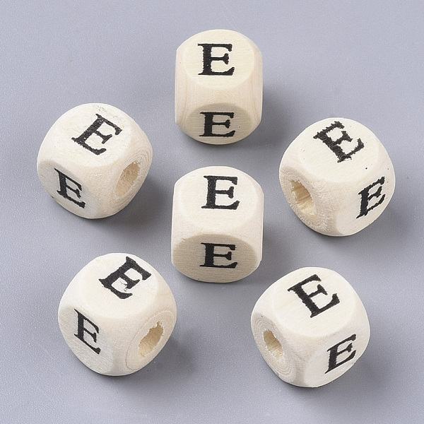 

PandaHall Printed Natural Wood Beads, Horizontal Hole, Cube with Initial Letter, PapayaWhip, Letter.E, 10x10x10mm, Hole: 3.5mm, about..., Orange