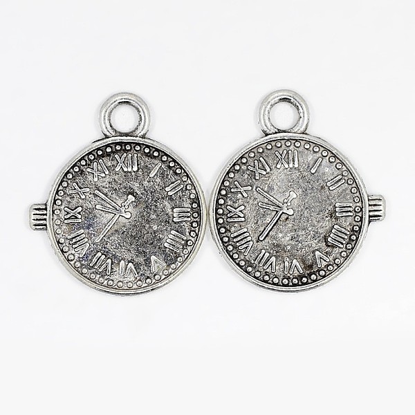 PandaHall Tibetan Style Alloy Pendants, Cadmium Free & Lead Free, Clock, Antique Silver, 20x16x1mm, Hole: 1mm Alloy Clock