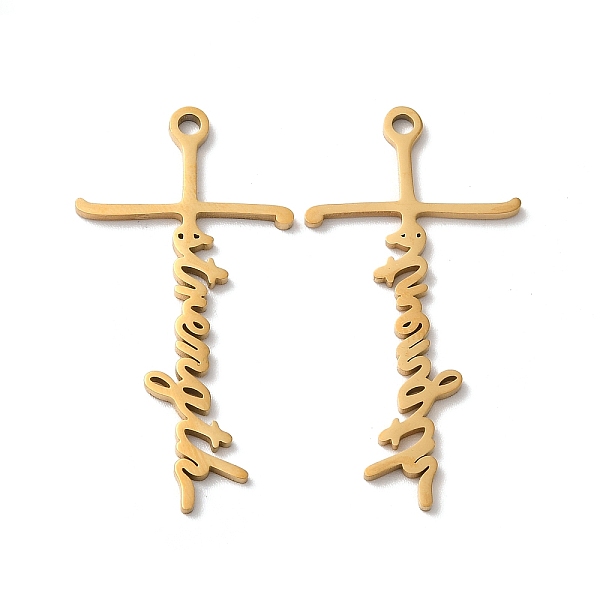 

PandaHall Ion Plating(IP) 304 Stainless Steel Pendants, Cross with Word Strength Charm, Real 18K Gold Plated, 40x20x1.5mm, Hole: 2mm 304...