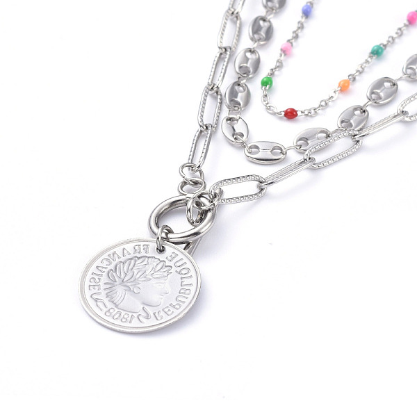 PandaHall 304 Stainless Steel Pendant Necklaces & Chain Necklaces Sets, with Enamel, Coffee Bean Chain and Paperclip Chains, Coin, Colorful...