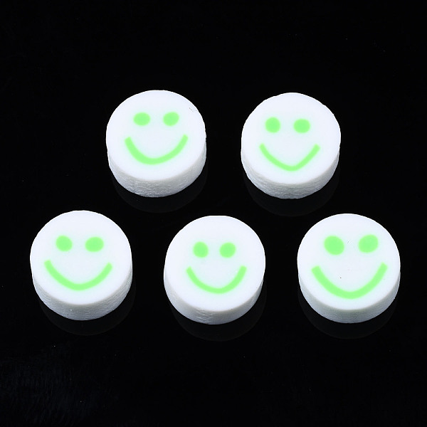 

PandaHall Handmade Polymer Clay Beads, for DIY Jewelry Crafts Supplies, Flat Round with Smiling Face, Medium Spring Green, 10x4~4.5mm, Hole...