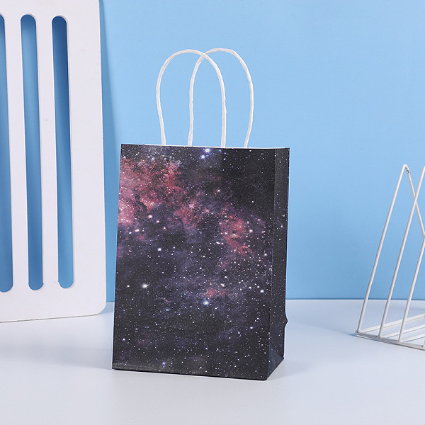 

PandaHall Starry Sky Pattern Kraft Paper Bags, with Hemp Rope, Gift Bags, Shopping Bags, Rectangle, Star Pattern, 15x8x21cm Paper Star Black