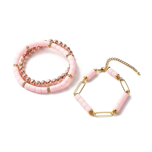 PandaHall Natural Lava Rock Stretch Bracelets Set for Girl Women, Chunky Polymer Clay Curve Tube Beads Bracelets, Golden, Pink, Inner...