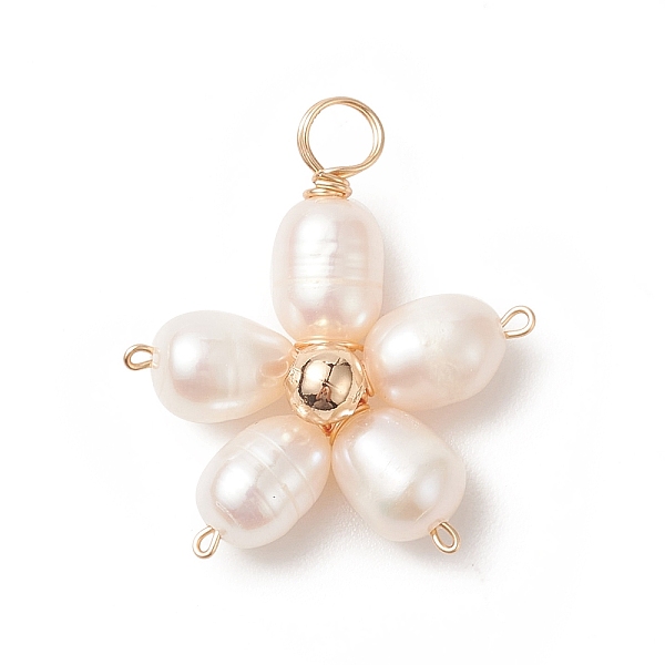 

PandaHall Natural Cultured Freshwater Pearl Pendants, with Copper Wire Wrapped, Flower Charms, Golden, 22.5x20x6mm, Hole: 3.2mm Pearl Flower