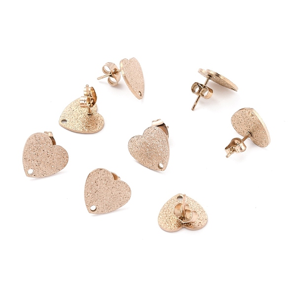 PandaHall Ion Plating(IP) 304 Stainless Steel Stud Earring Findings, with Ear Nuts, Textured Heart, Rose Gold, 12x13mm, Hole: 1.5mm, Pin...