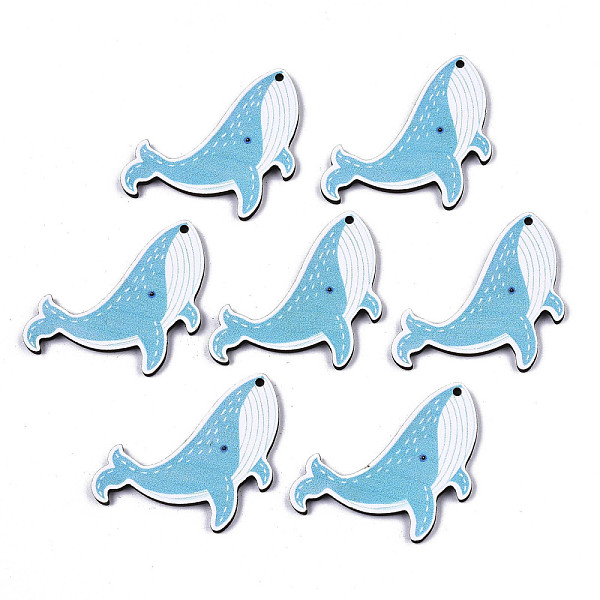 

PandaHall Printed Basswood Pendants, Back Random Color, Whale Shape, Light Sky Blue, 44x27x3mm, Hole: 1.8mm Wood Fish