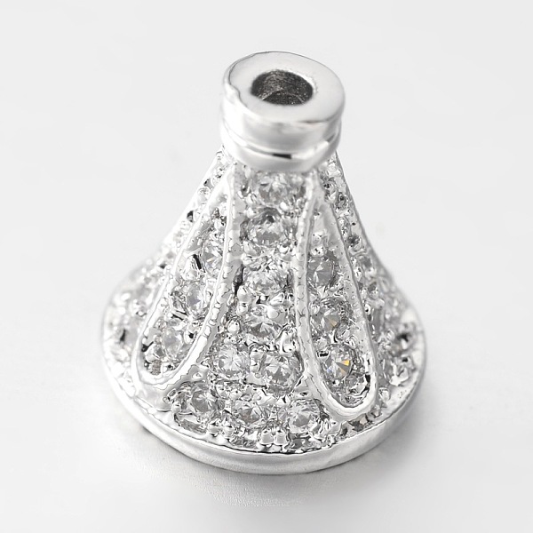 

PandaHall Brass Micro Pave Cubic Zirconia Bead Cones, Platinum, 9x8mm, Hole: 1mm & 3mm Brass+Cubic Zirconia