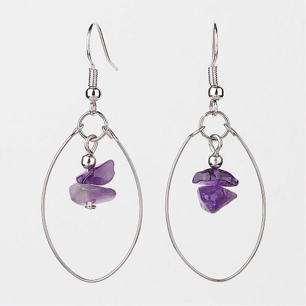 

PandaHall Natural Amethyst Dangle Earrings, with Steel Memory Wire and Brass Earring Hooks, Platinum, 50mm Amethyst