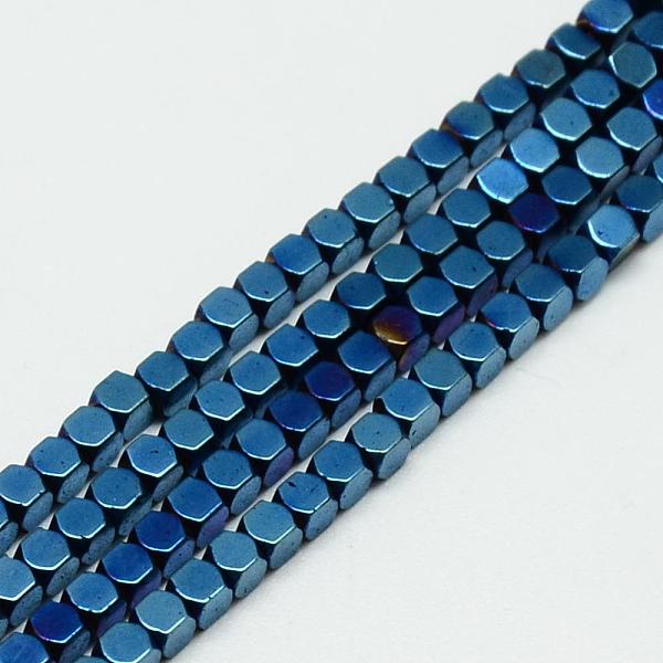 PandaHall Electroplate Non-magnetic Synthetic Hematite Beads Strands, Faceted, Cube, Blue Plated, 2x2x2mm, Hole: 1mm, about 193pcs/strand...