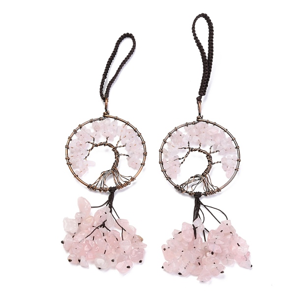

PandaHall Wire Wrapped Chips Natural Rose Quartz Big Pendant Decorations, with Red Copper Plated Brass Wires and Nylon Cord, Flat Round with...