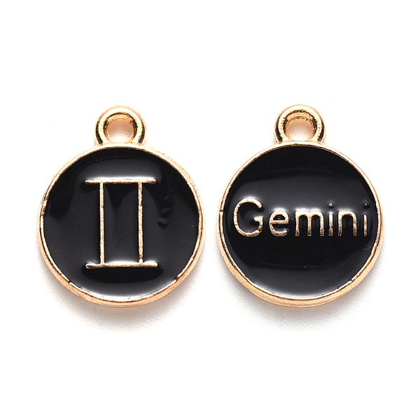 

PandaHall Alloy Enamel Pendants, Cadmium Free & Lead Free, Flat Round with Constellation, Light Gold, Black, Gemini, 22x18x2mm, Hole: 1.5mm...