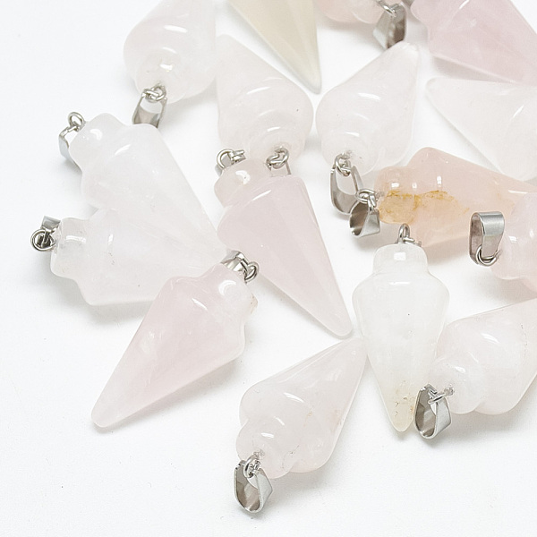 

PandaHall Natural Rose Quartz Pendants, with Stainless Steel Snap On Bails, Cone, 31~33x14~15mm, Hole: 6x4mm Rose Quartz Cone