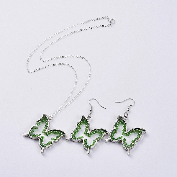 

PandaHall Glass Dangle Earring & Pendant Necklace Jewelry Sets, with Silver Plated Brass Cable Chain, Rack Plating Alloy Open Back Bezel..., Green