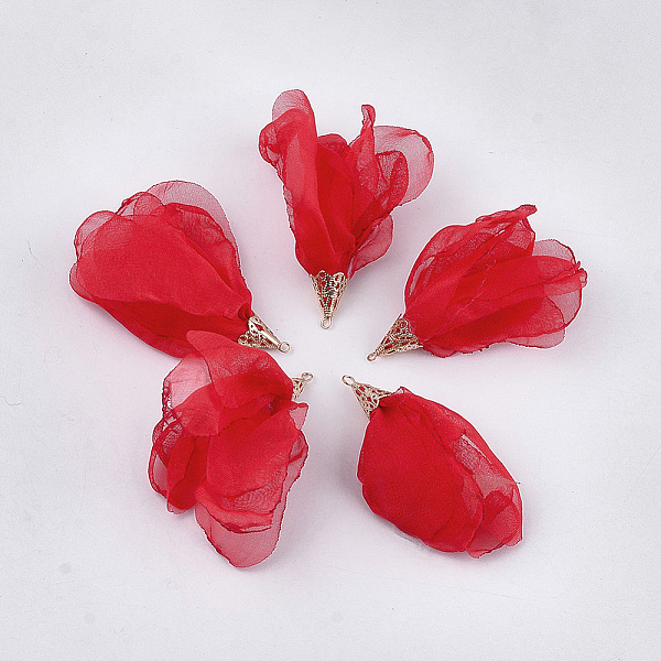 

PandaHall Polyester Big Pendants, with Iron Findings, Flower, Light Gold, Red, 63~67x10mm, Hole: 1.5~2mm Polyester Flower Red